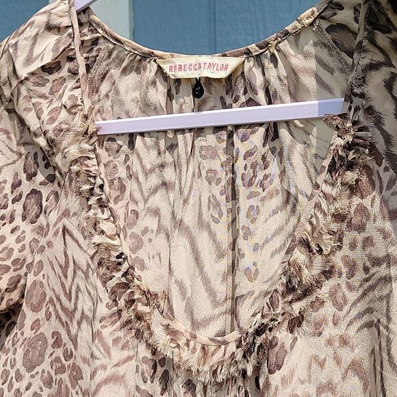 EUC Vintage Rebecca Taylor Animal Print Silk Dress Boho Ruffles Neutral SZ 2 - Picture 9 of 12